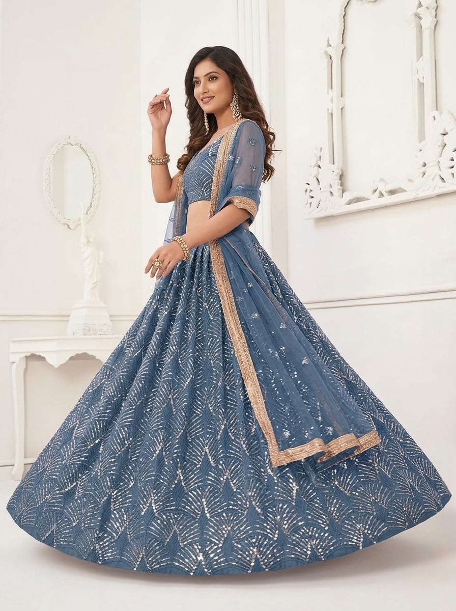 JIHU CULTURE Women's Net Lehenga Choli Set with Thread and Sequence Embroidery Work, Original Mirror Handwork Semi-Stitched Lehenga, Unstitched Blouse & Net Dupatta