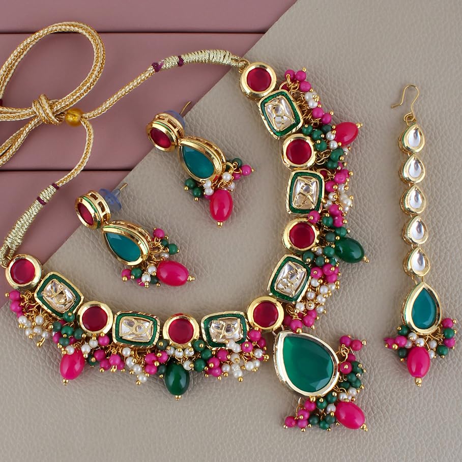 Lucky Jewellery Womens Meenakari 18k Gold Plated Multi Color Tika Earring Combo Uncut Big Faux Kundan Choker Necklace Set (911-J5SK-1817-RG)