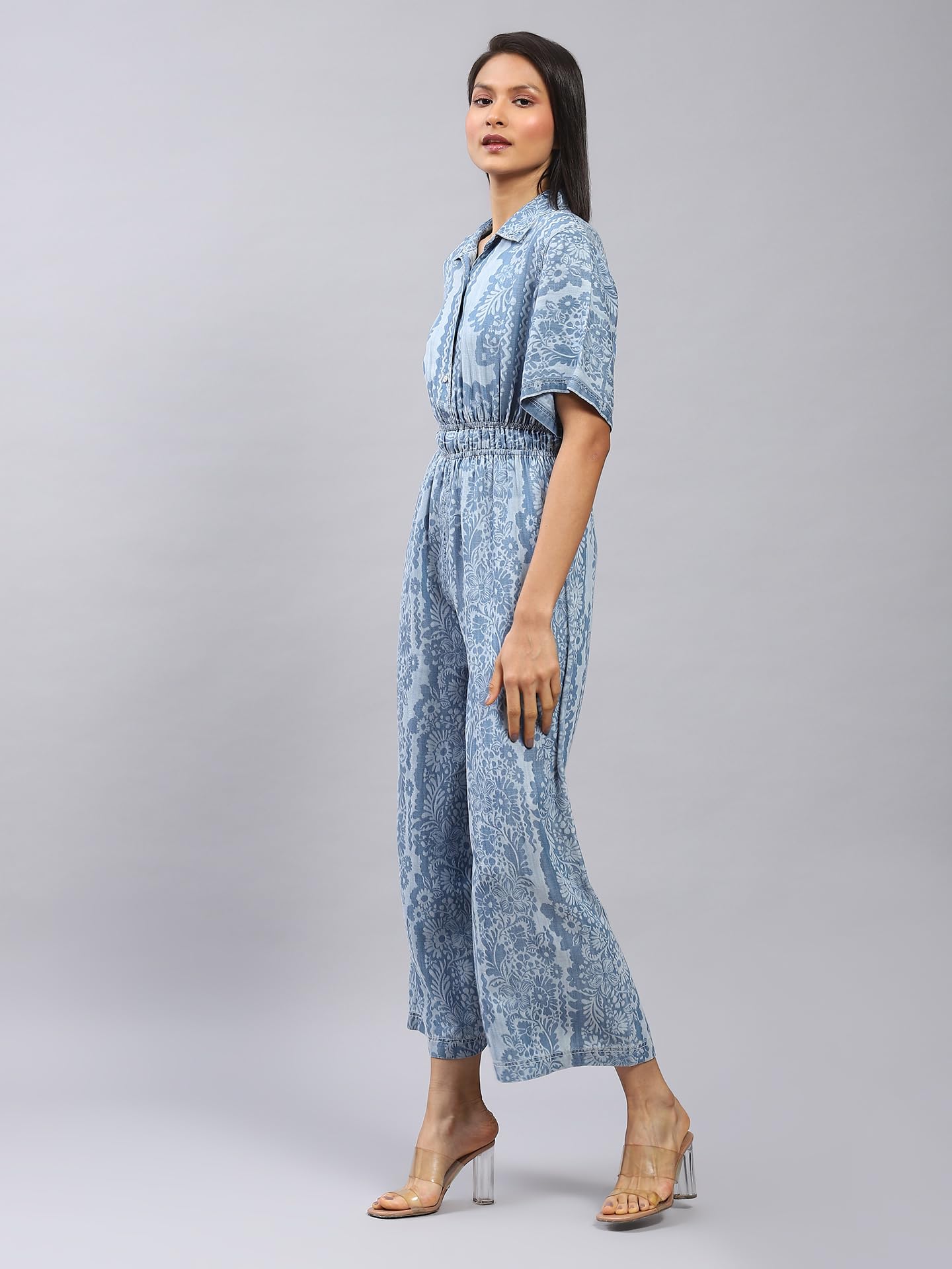 Label RITU KUMAR Blue Floral Print Denim Jumpsuit