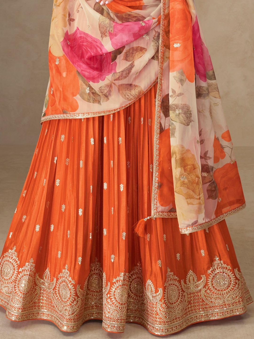 Shampysky Women’s Orange Chinon Embroidered A-Line Gown with Organza Dupatta | Fully Stitched | Full Sleeves (SSW-1307-Orange-4XL)