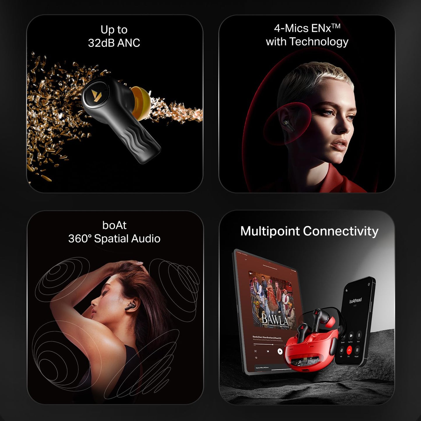 boAt New Launch Nirvana Crystl, Transparent Case,Spatial Audio, ANC(~32dB), 100Hrs Battery,4Mics ENx, Dual Pair,App Support, Bluetooth Earbuds, TWS Ear Buds Wireless Earphones with mic (Quantum Black)