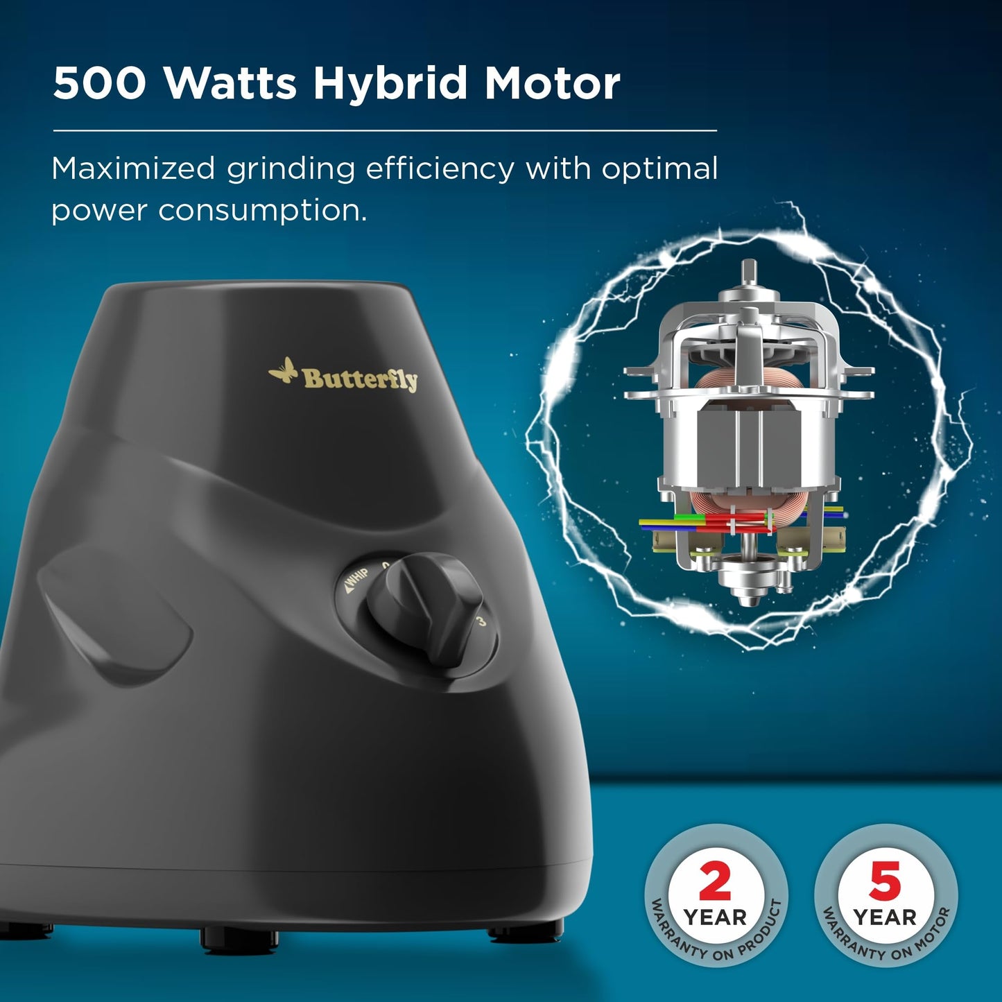 Butterfly Hero 500 Watts Mixer Grinder with 3 Jars | Stainless Steel Multipurpose Jars | ABS Body | Motor Overload Protection | 1 Year Manufacturer's Warranty | Grey