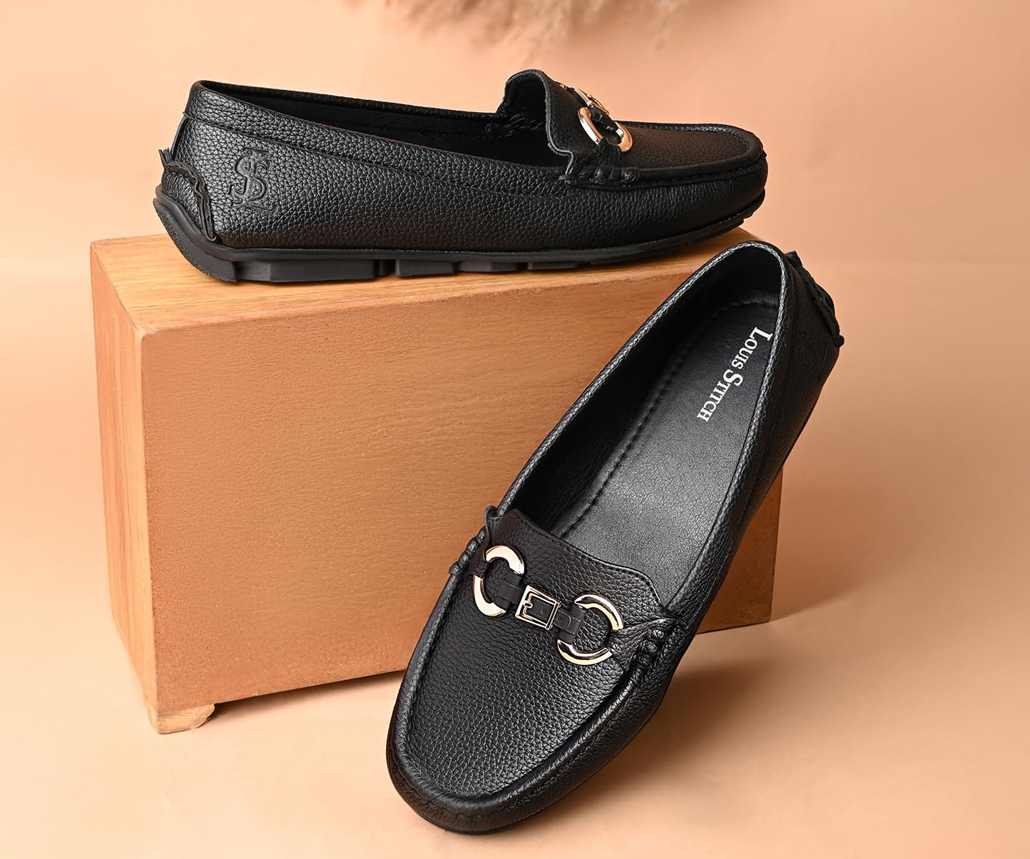 LOUIS STITCH Women’s Black Premium Slip-On Loafers with Buckle | Elegant Solid Slip-On Comfort Shoes for Casual and Formal Wear | Slip-On Loafer Shoes for Women | LSLD-BLR-DBJB | UK-5