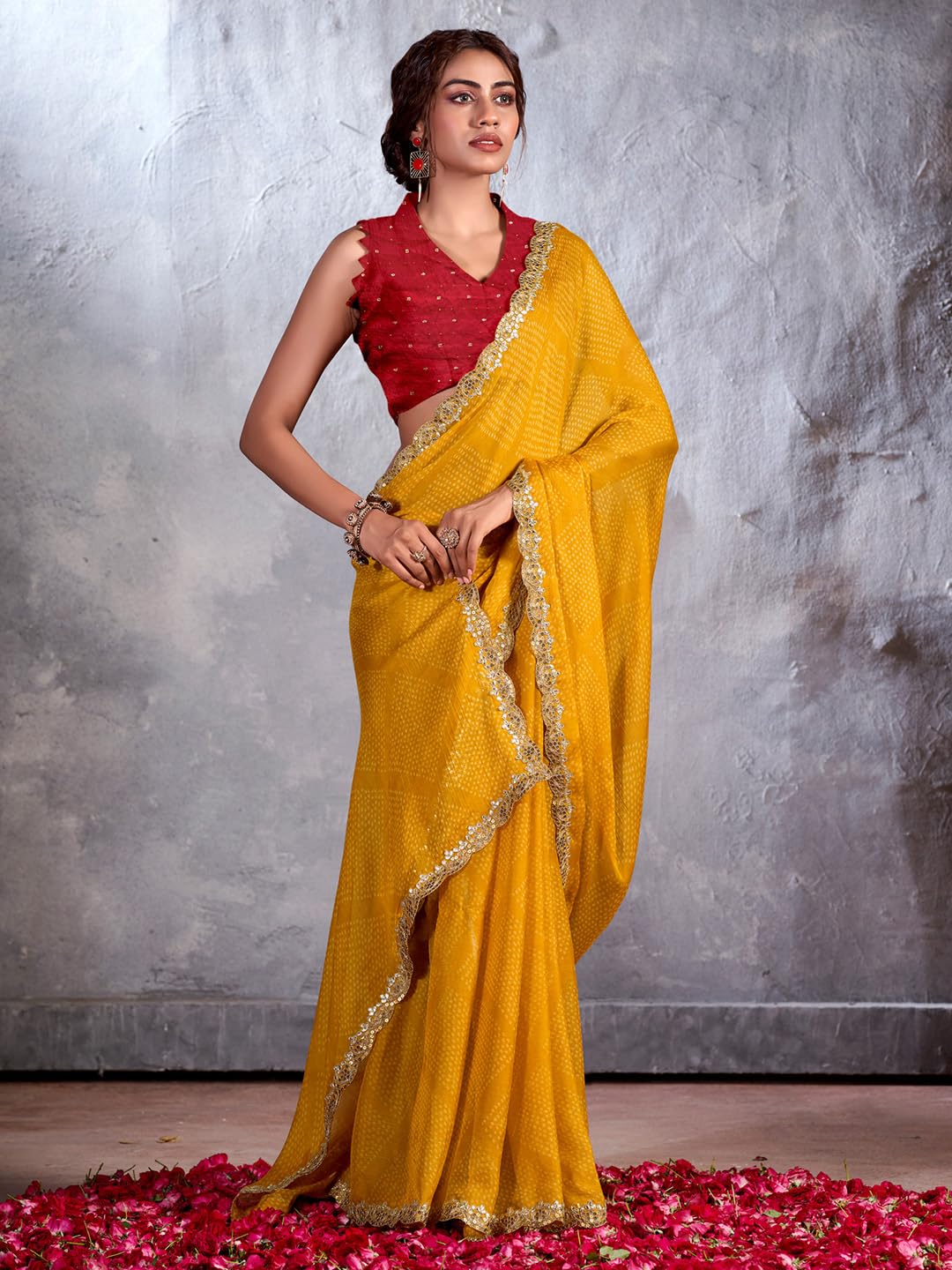 AKHILAM Women's Yellow Chiffon Bandhani Printed Saree with Unstitched Blouse Piece(CHUNRI1001_SR)