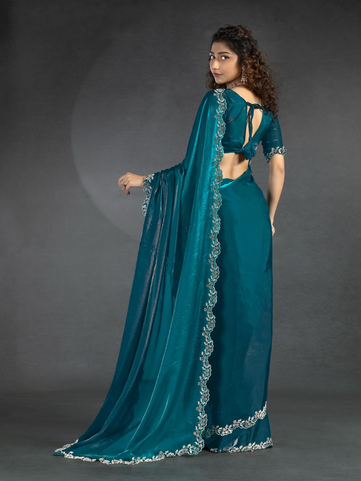 TRENDMALLS Women's Satin Zarkan Work Saree with Unstitched Blouse Piece (K1246-Morpeach)