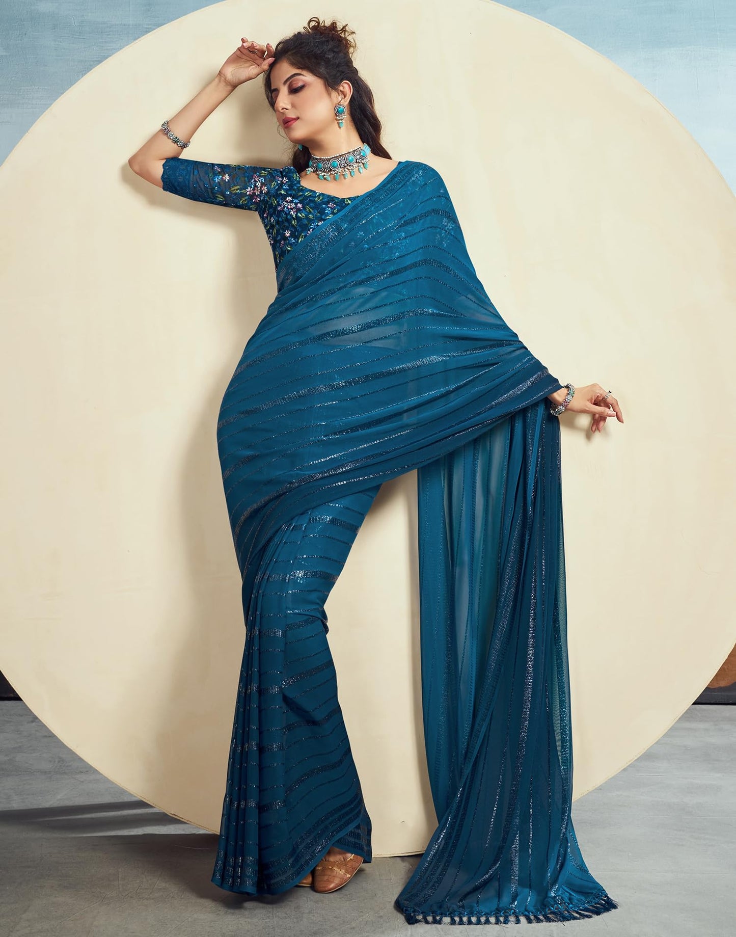 SIRIL Women's Georgette Solid Saree With Unstitched Blouse (3473S694_Blue)