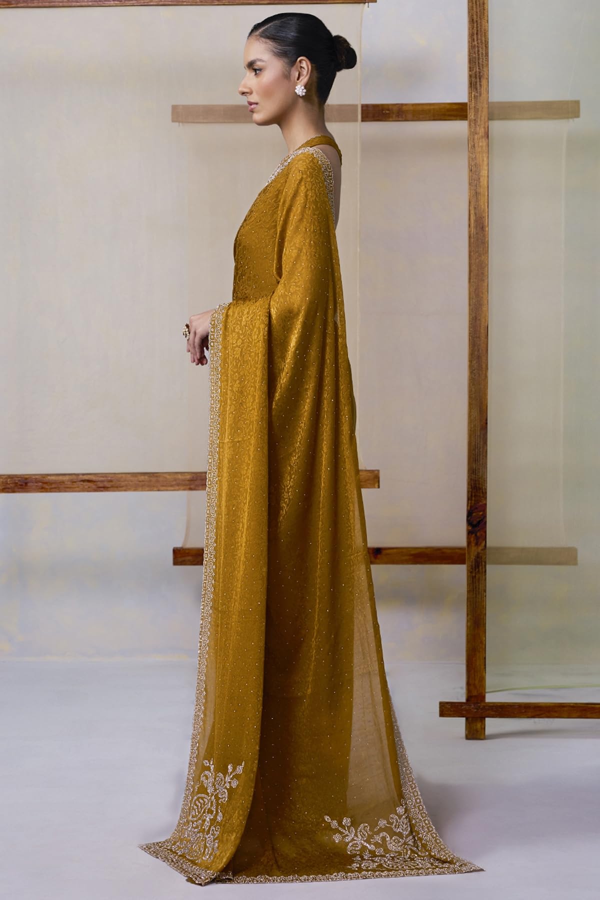 Soch Womens Mustard Fendy Georgette Woven Design Saree With Stone Work