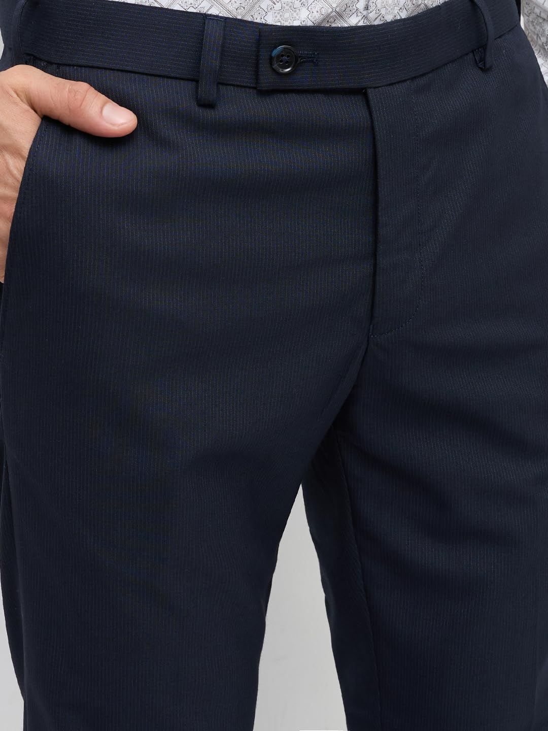 Park Avenue Men Slim Fit Stripe Pattern Polyester Blend Flat Front Formal Trouser Dark Blue