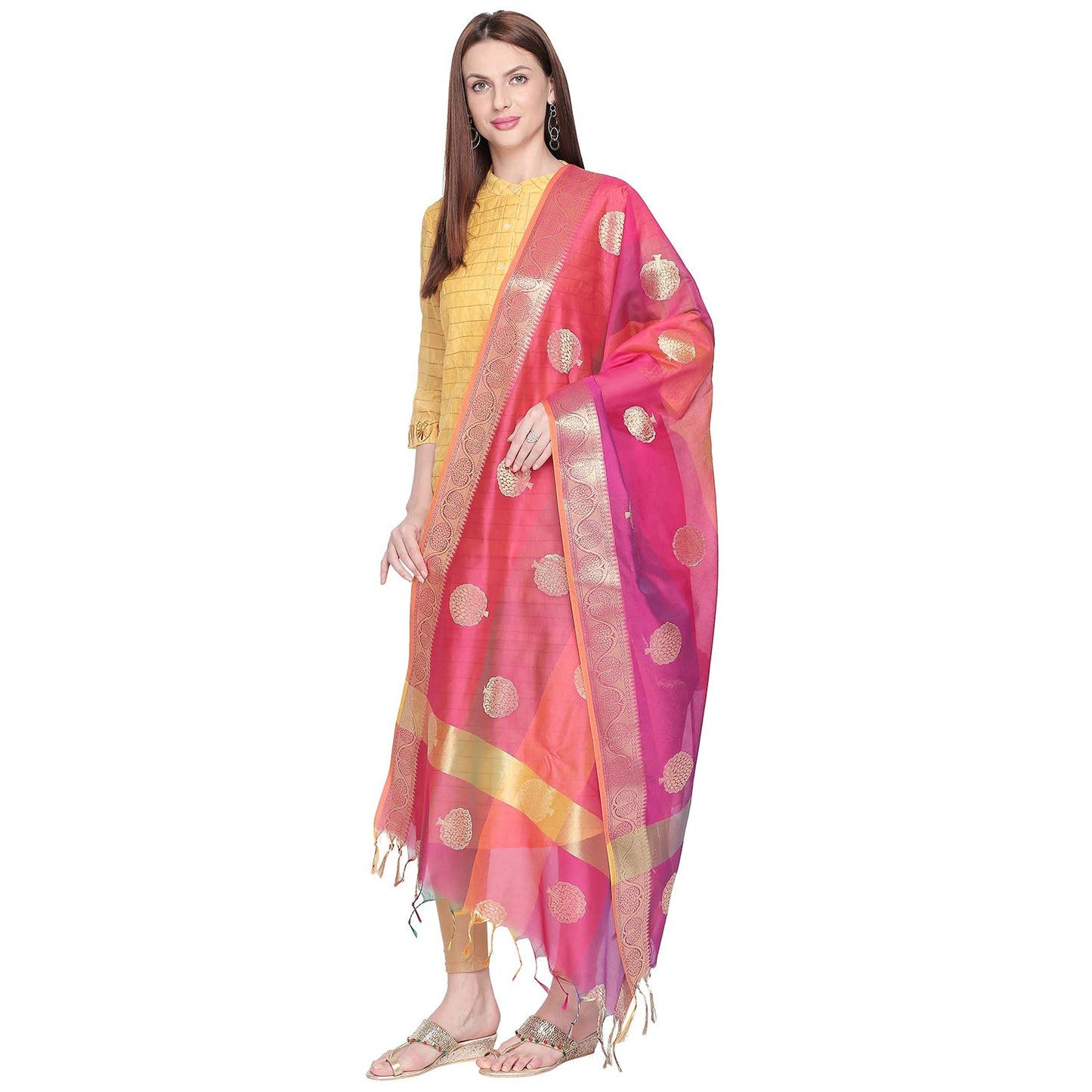 DUPATTA BAZAAR Woman's Woven Pink & Gold Shaded Banarasi Silk Dupatta