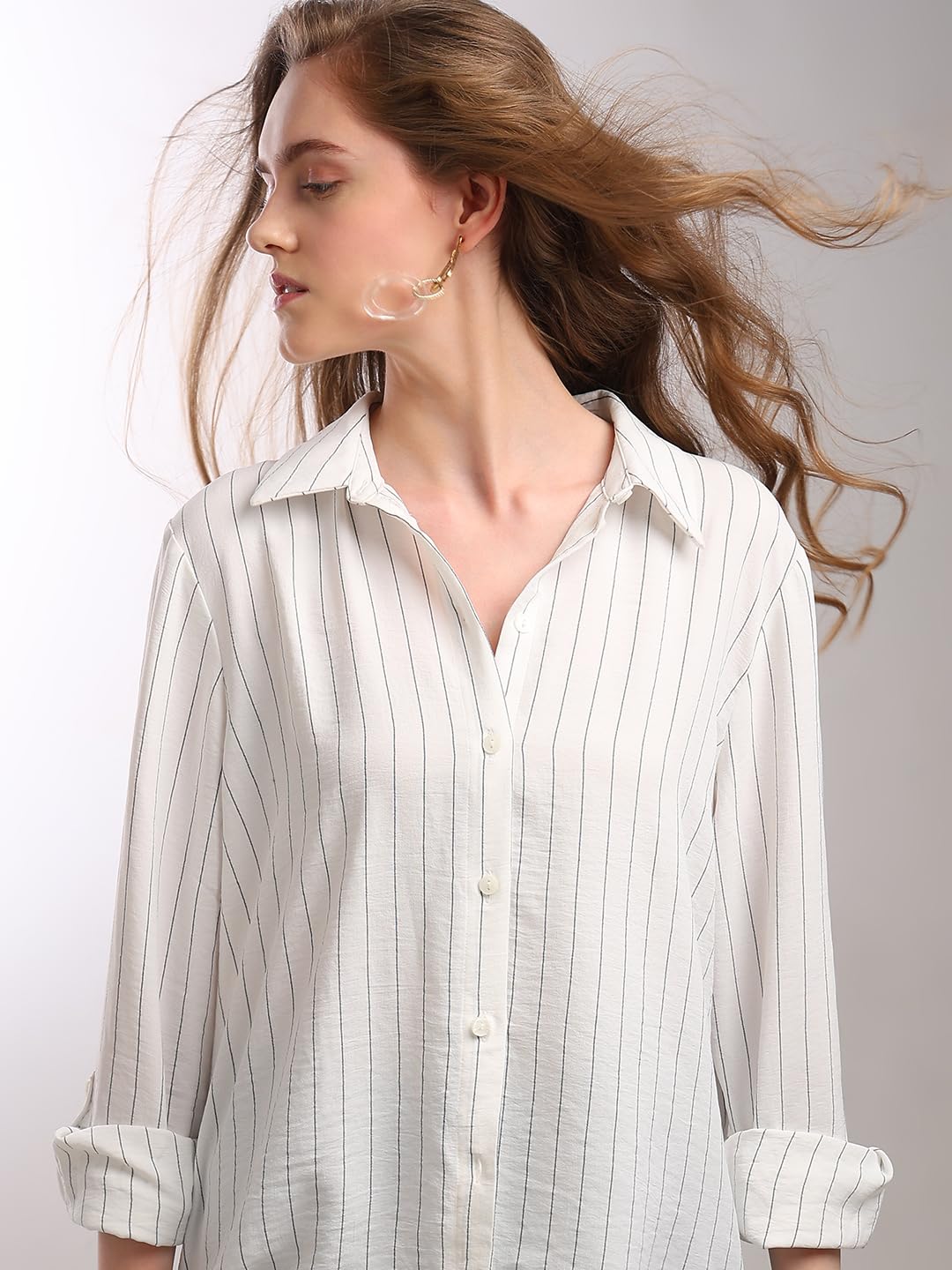 VERO MODA Women Striped White Polyester Regular Fit Shirt