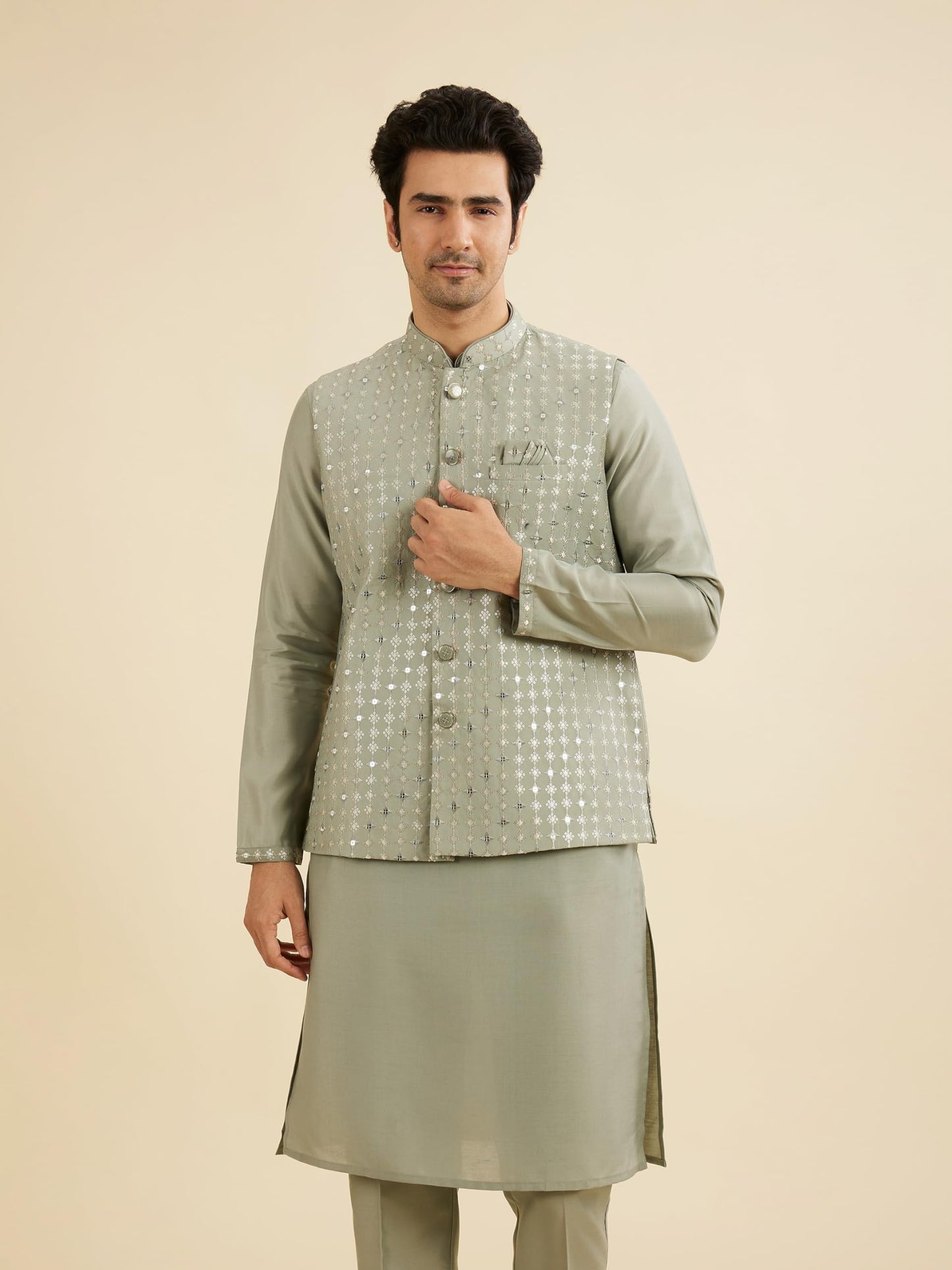 Manyavar Men's Art Silk Embroidery|Sequin Work Kurta Jacket Set (Light Mid Green,S)