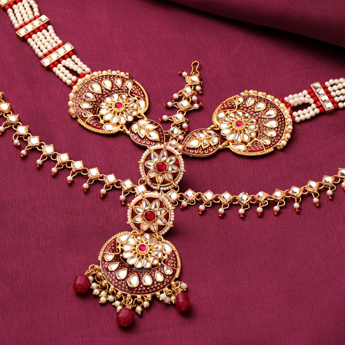 Yellow Chimes Maangtikka Daamini for Women Gold Plated Kundan Studded Meenakari Touch Multilayer White Beads Chain Designed Daamini Maangtikka for Women and Girls