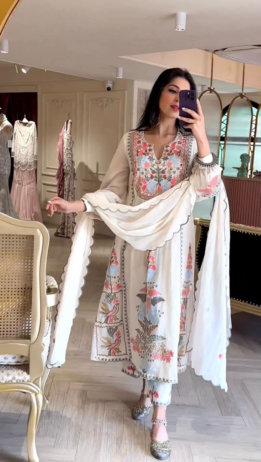 YAZU Women's Georgette Hand Embroidered White Kurta Set with Dupatta | Readymade Kurta with Palazzo Set (Large, White)