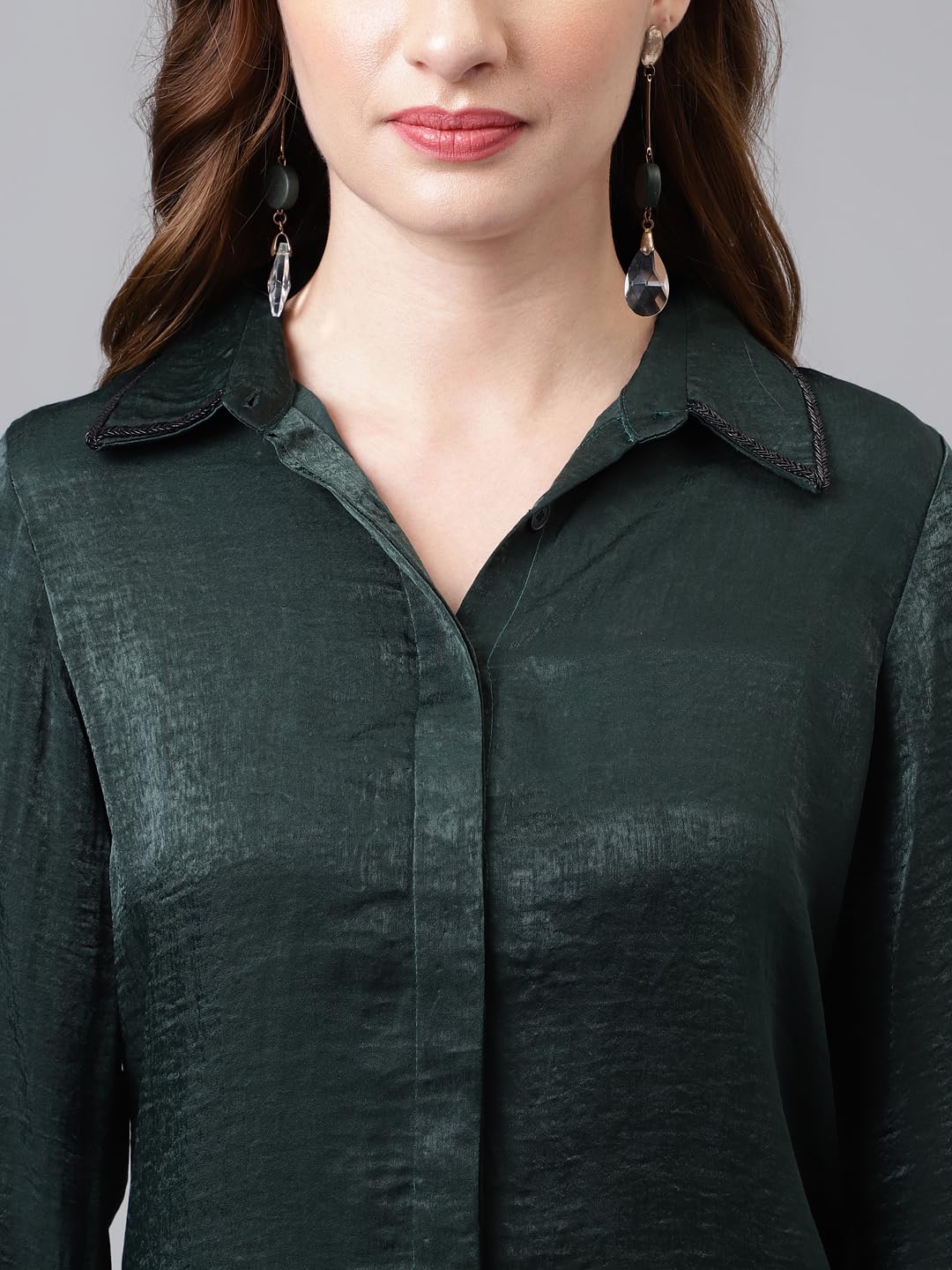 Latin Quarters Women's Green Bottle Full Sleeves Solid/Plain Collar Neck Polyester Top_L