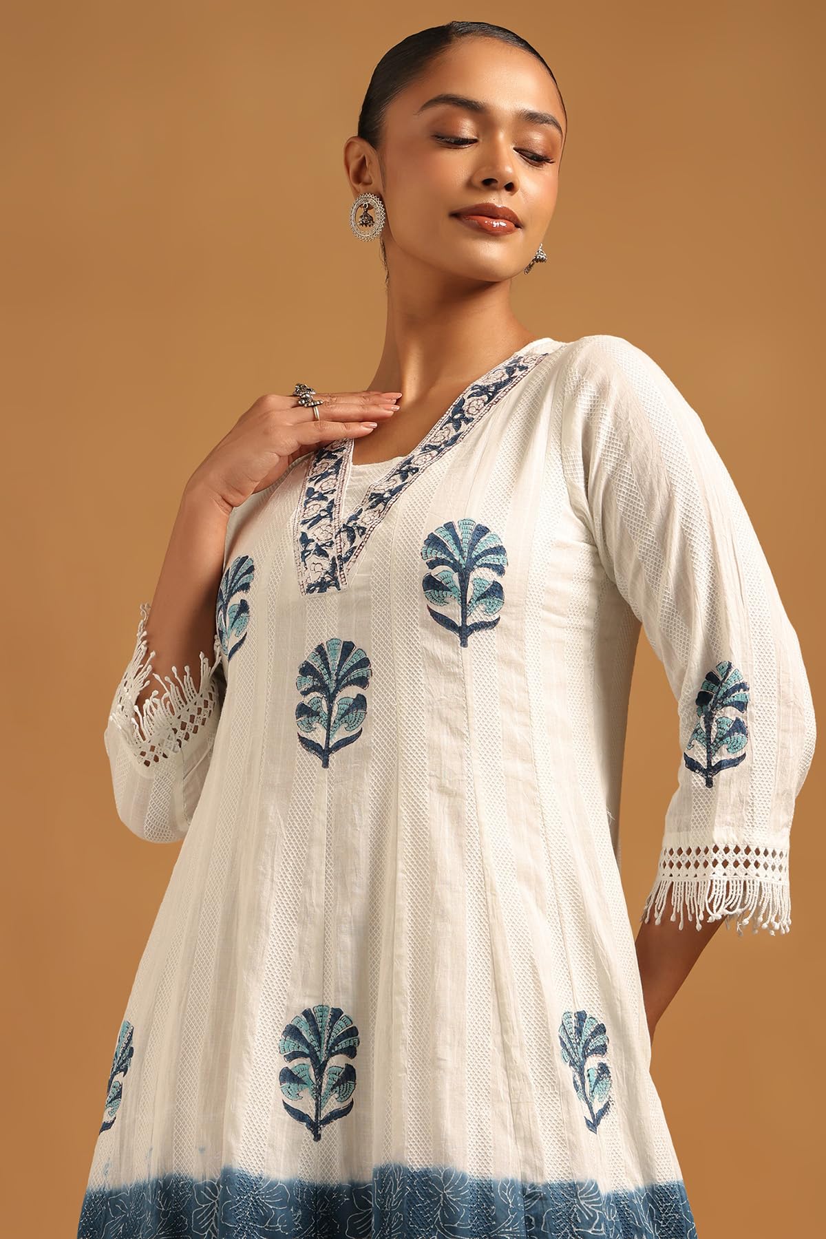 Soch Womens Off White Cotton Dobby Botanical Dress with Lace