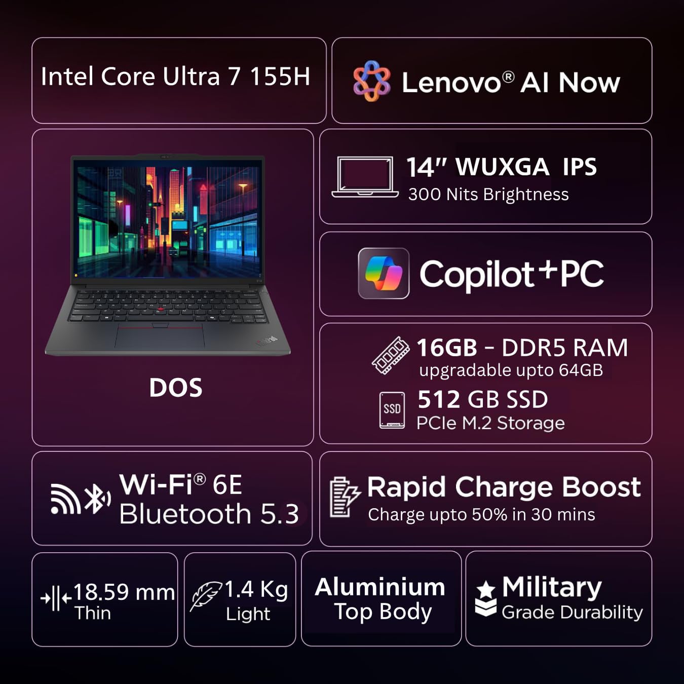 Lenovo ThinkPad E14 Intel Core Ultra 7 155H (16GB RAM/512GB SSD/DOS/Backlit/Fingerprint Reader) 14” WUXGA IPS 300 Nits Thin & Light Laptop/Black/3Y Premier Support/1.42 kg, 21M70098IG