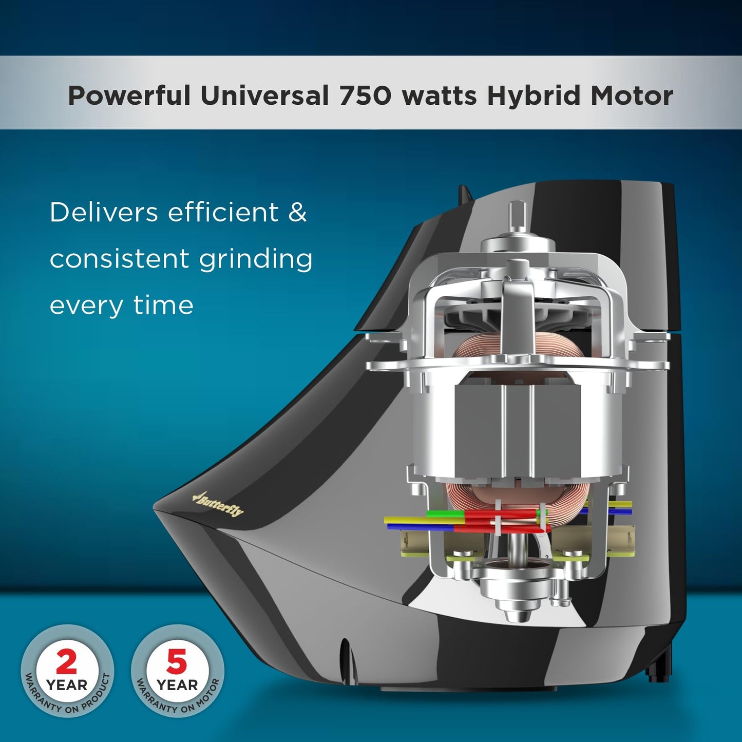 Butterfly Smart 750 Watts Mixer Grinder with 4 Jars | 3 Stainless Steel Jars & 1 Juicer | ABS Body | Heavy Duty Motor | 2 Years Manufacturer's Warranty | Grey