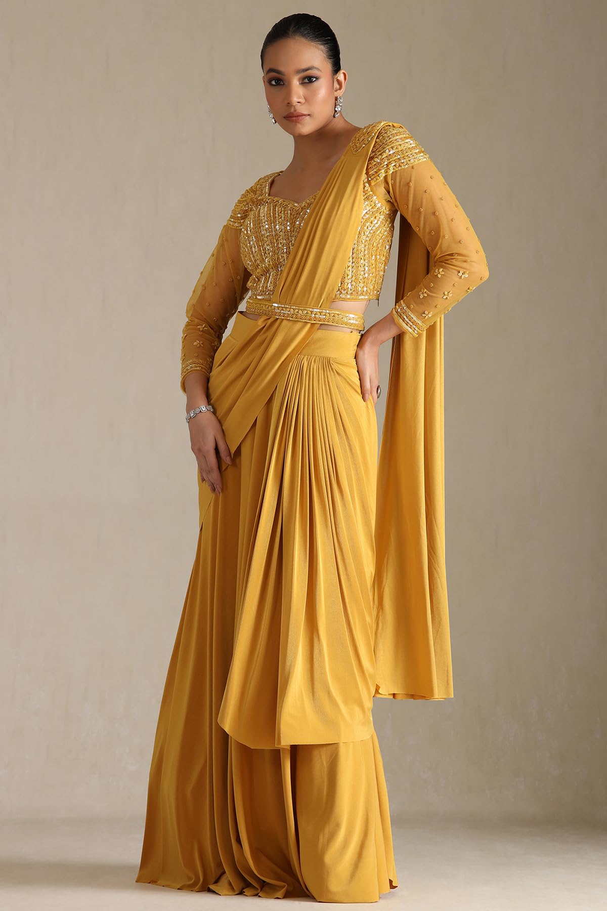 Soch Womens Mustard Nylon Blend Solid Ready To Wear Saree