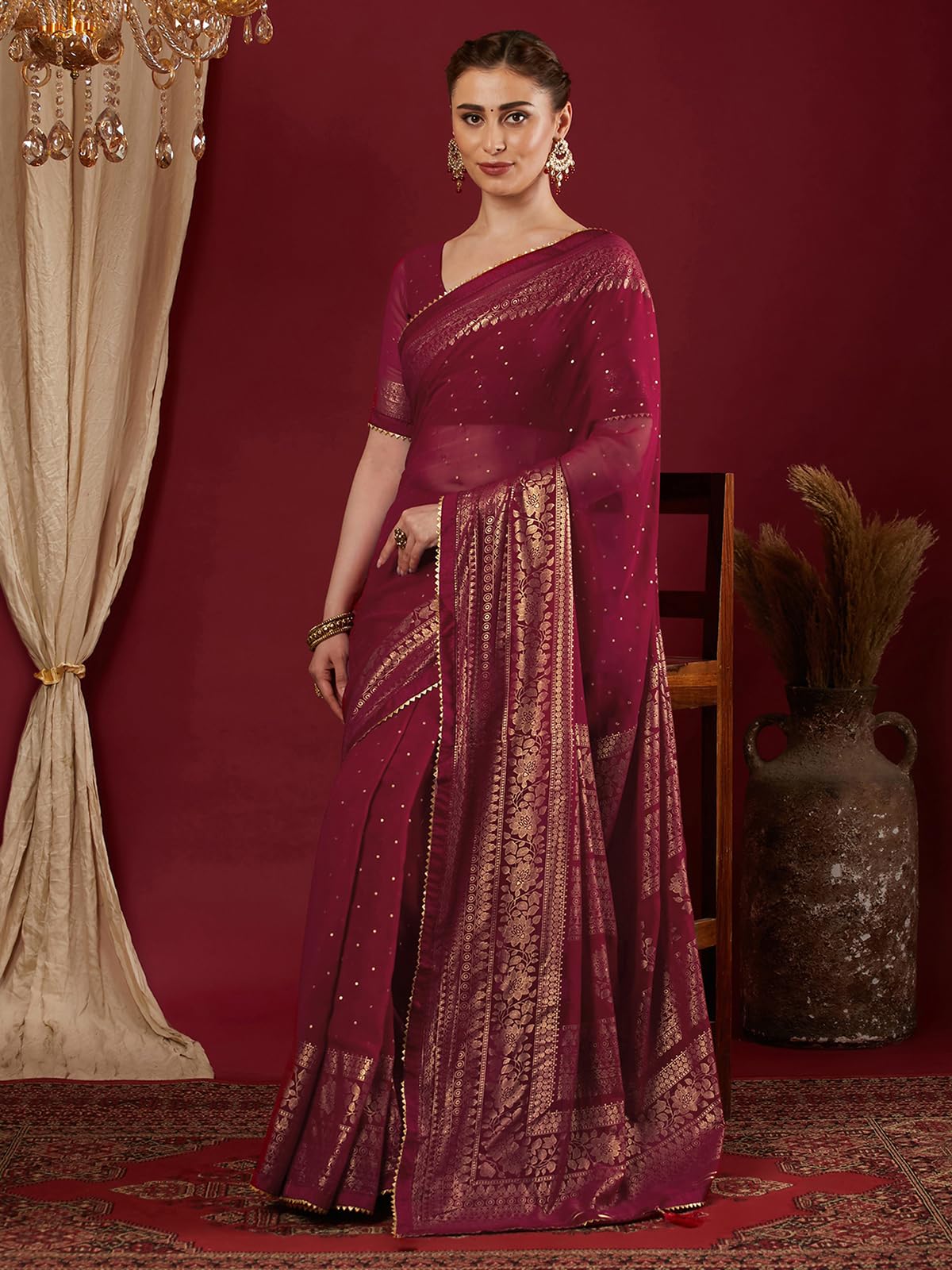 SAMAH Women's Georgette Foil Printed Lace Work Saree with Unstitched Blouse Piece (4402S3153N_Rani Pink)