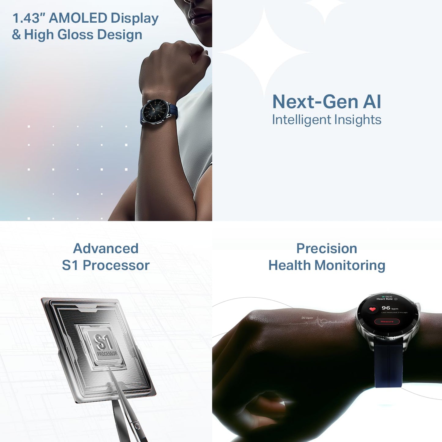 Boat Chrome Eon, 1.43” (3.63 cm) AMOLED Display, AI Coach Health Insights,Advanced S1 Processor,Auto Heart Rate, HRV,VO2 Max, Stress, TBT Navigation, IP68, Smart Watch for Men & Women (Sterling Blue)