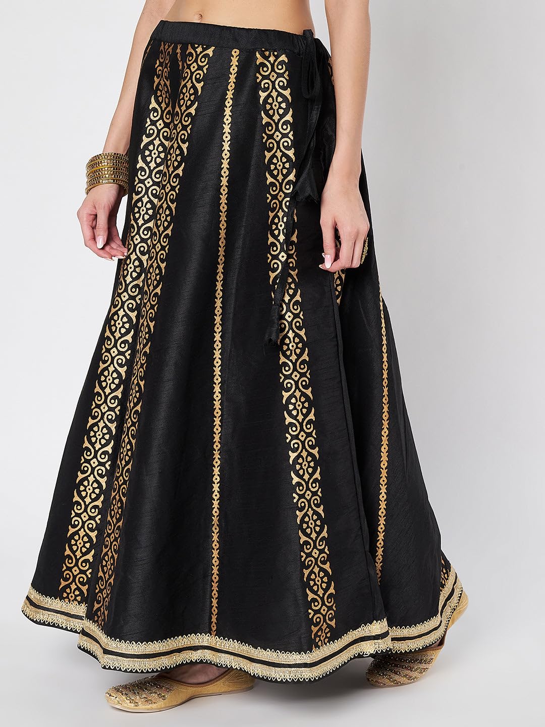 studio rasa Women's Dupion Hand Block Printed Embellished Bias Skirt for Festive Party Wedding (SKTC42505L_Black_Large)