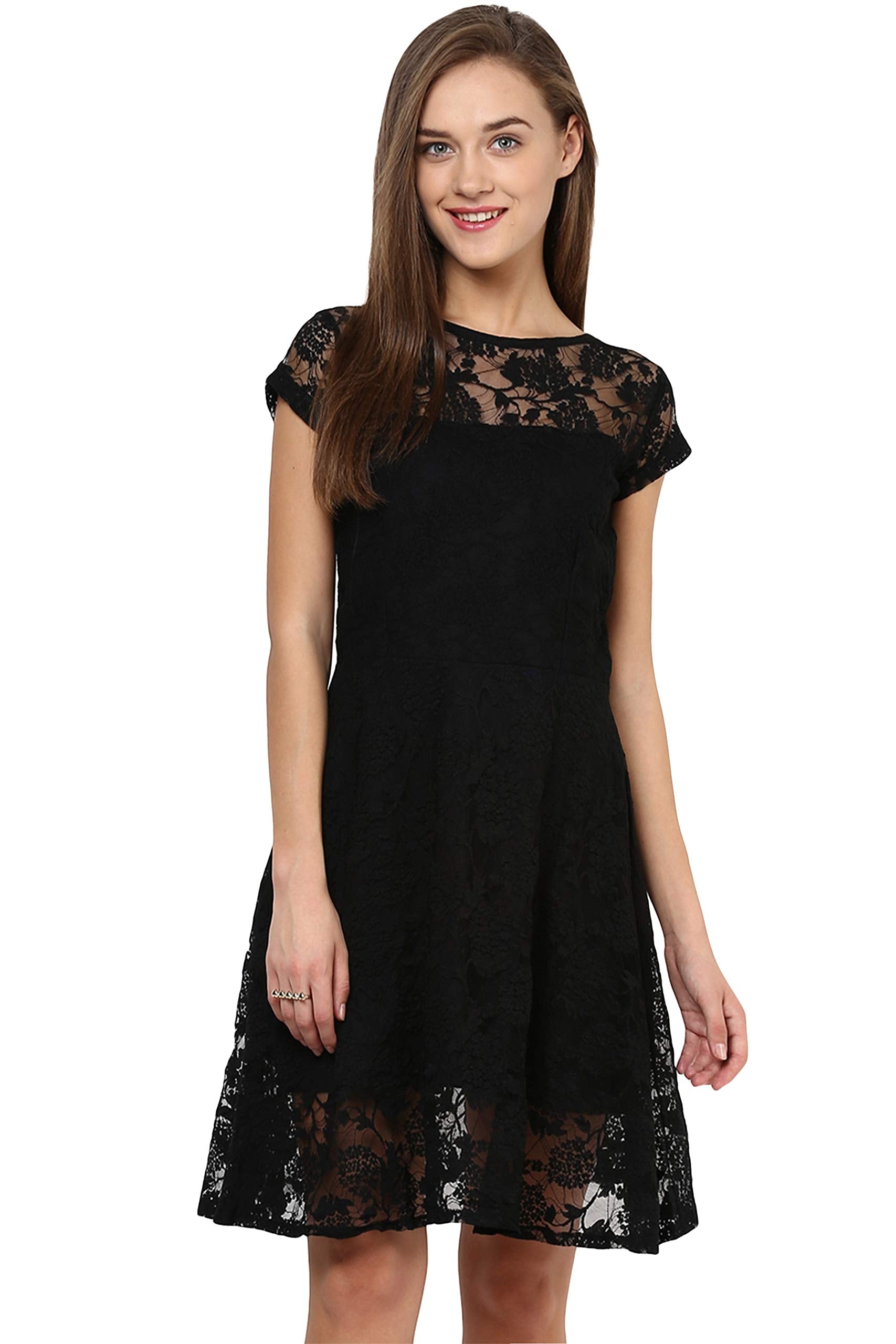 Miss Chase Women's Black Round Neck Cap Sleeves Low Back Lace