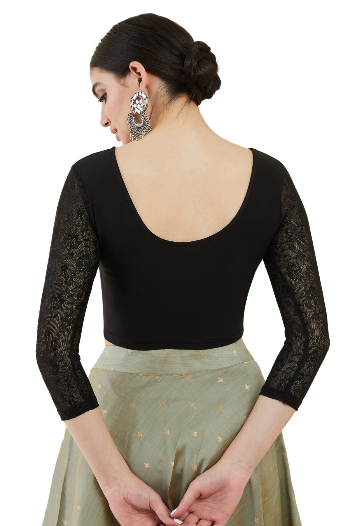 Soch Womens Black Spandex Princess Cut Blouse with Floral Sleeves