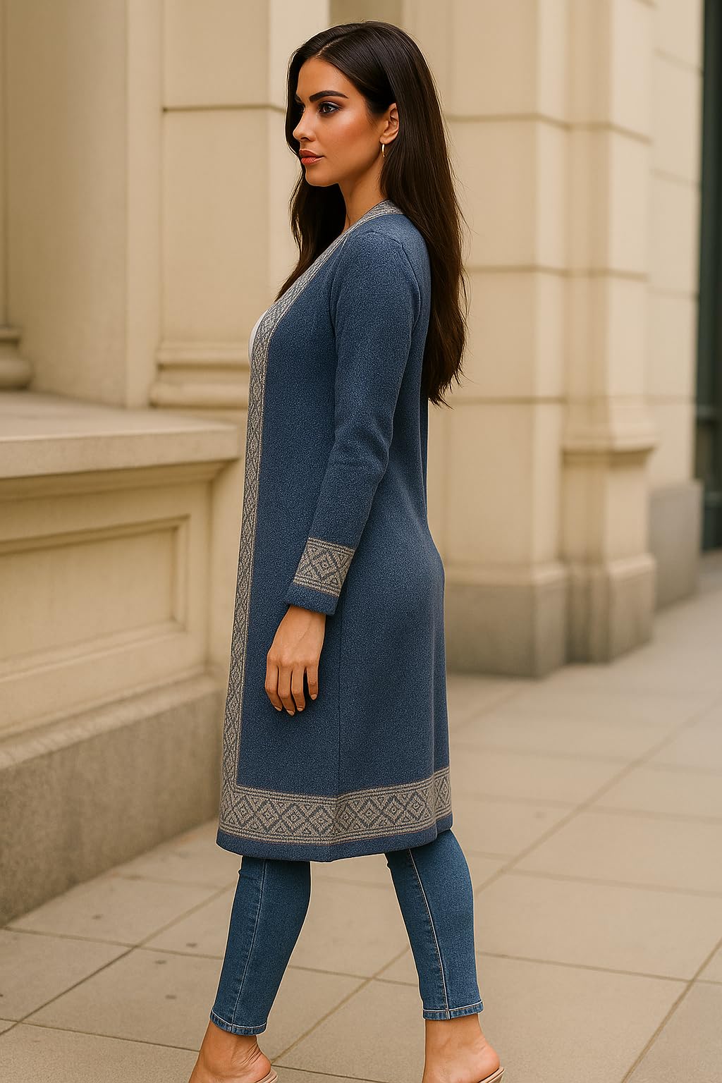 Women Woolen Log Sweater || Long Shrugs || Printed Woollen Coat || Open Front Longline Shrug Cardigan (in, Alpha, XL, Border Navy)