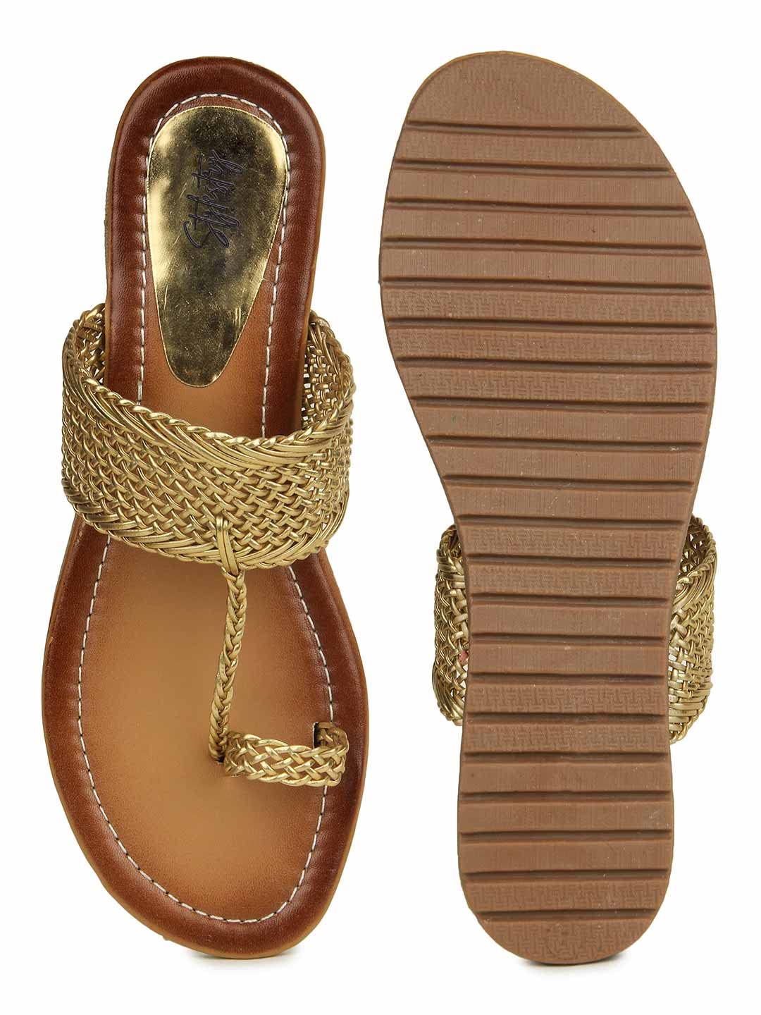 GLEMATOZ Women’s Kolhapuri Flats – Handwoven Golden Bunai Sandals with Toe Loop | Ethnic Slip-On Chappals for Casual & Festive EU38