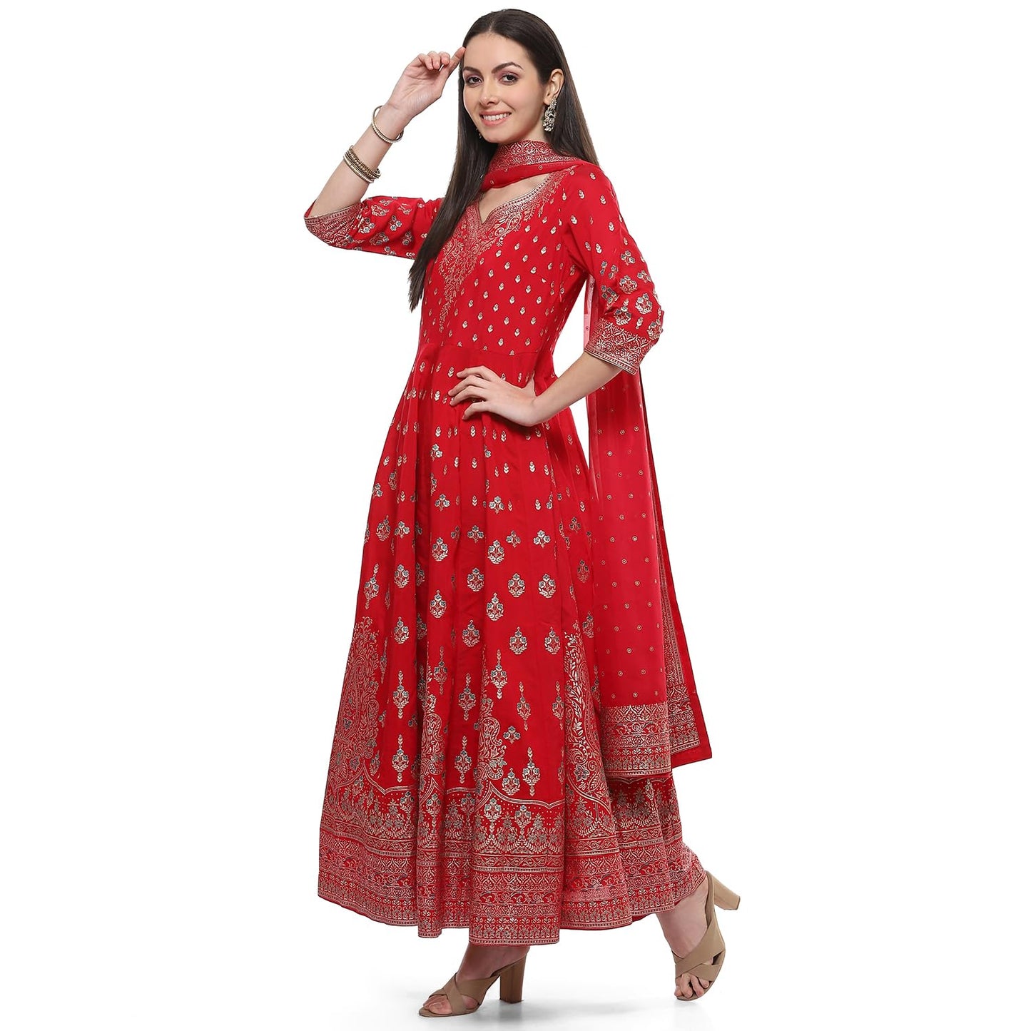 BIBA Silk Women Printed Anarkali Salwar Kurta Dupatta(Skddurgotsa8919_Red_38)