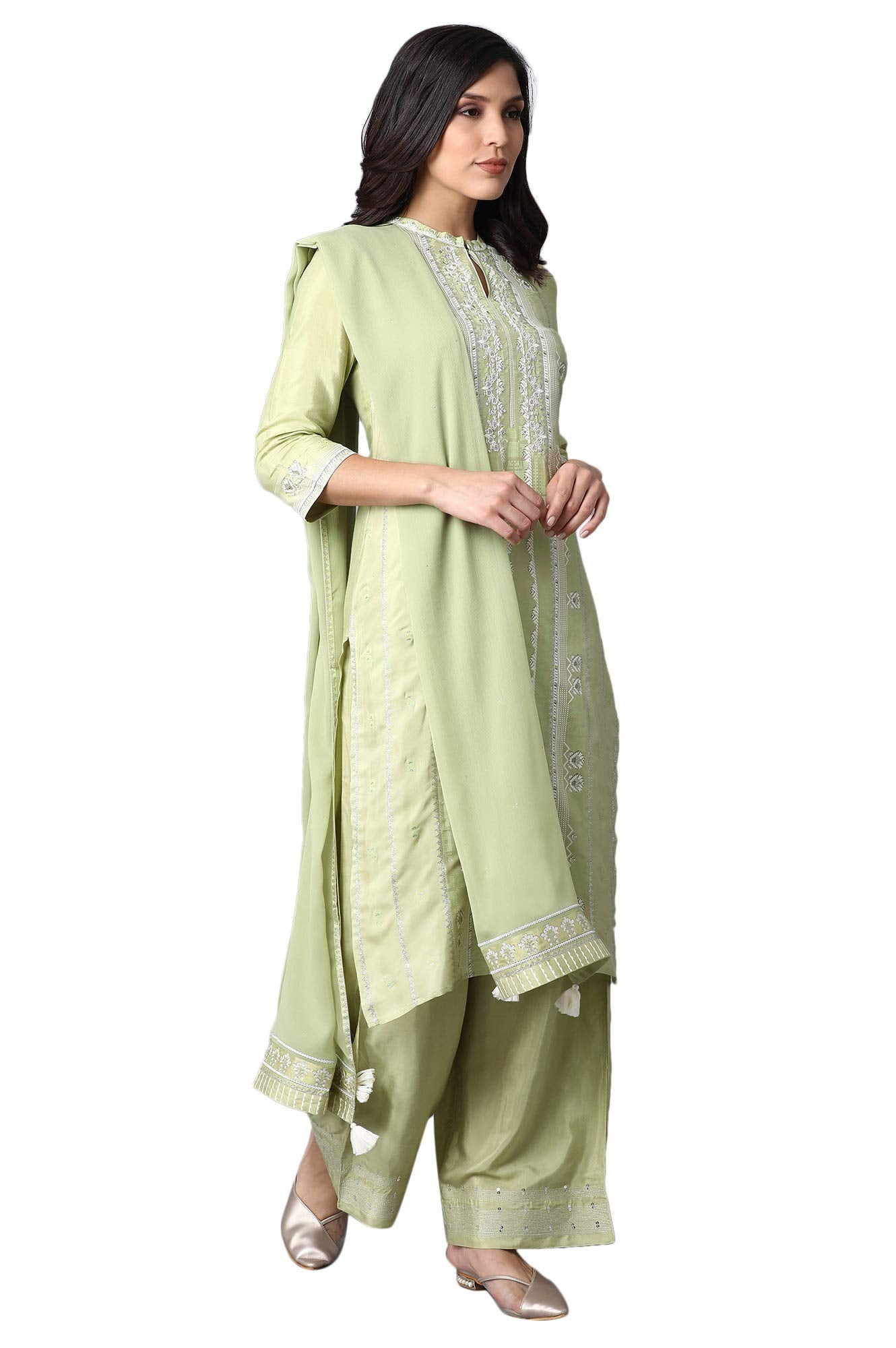 W for Woman Green Solid Shantung Parallel Pants