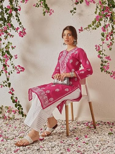 Ada Hand Embroidered Lucknowi Chikankari Cotton Kurti Kurta for Women A411775 Magenta (S)