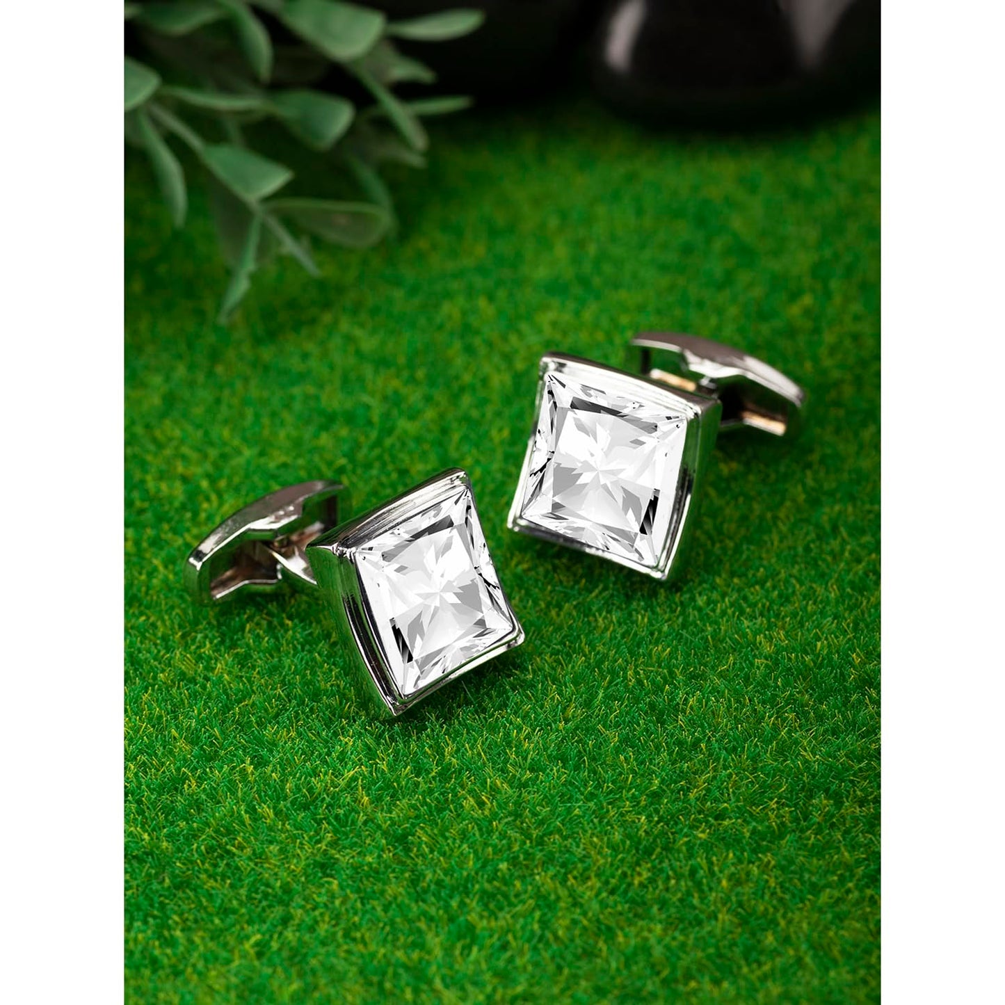 Peora Silver Plated White Crystal Cufflinks Wedding Business Accessories for Men Boys - Valentines Gift for Him