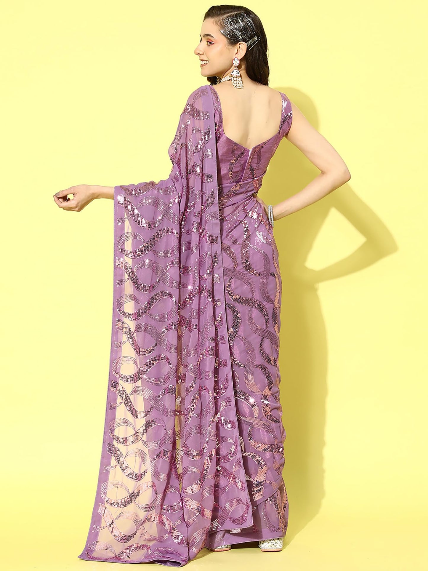 AKHILAM Women's Lavender Embellished Georgette Saree With Unstitched Blouse Piece