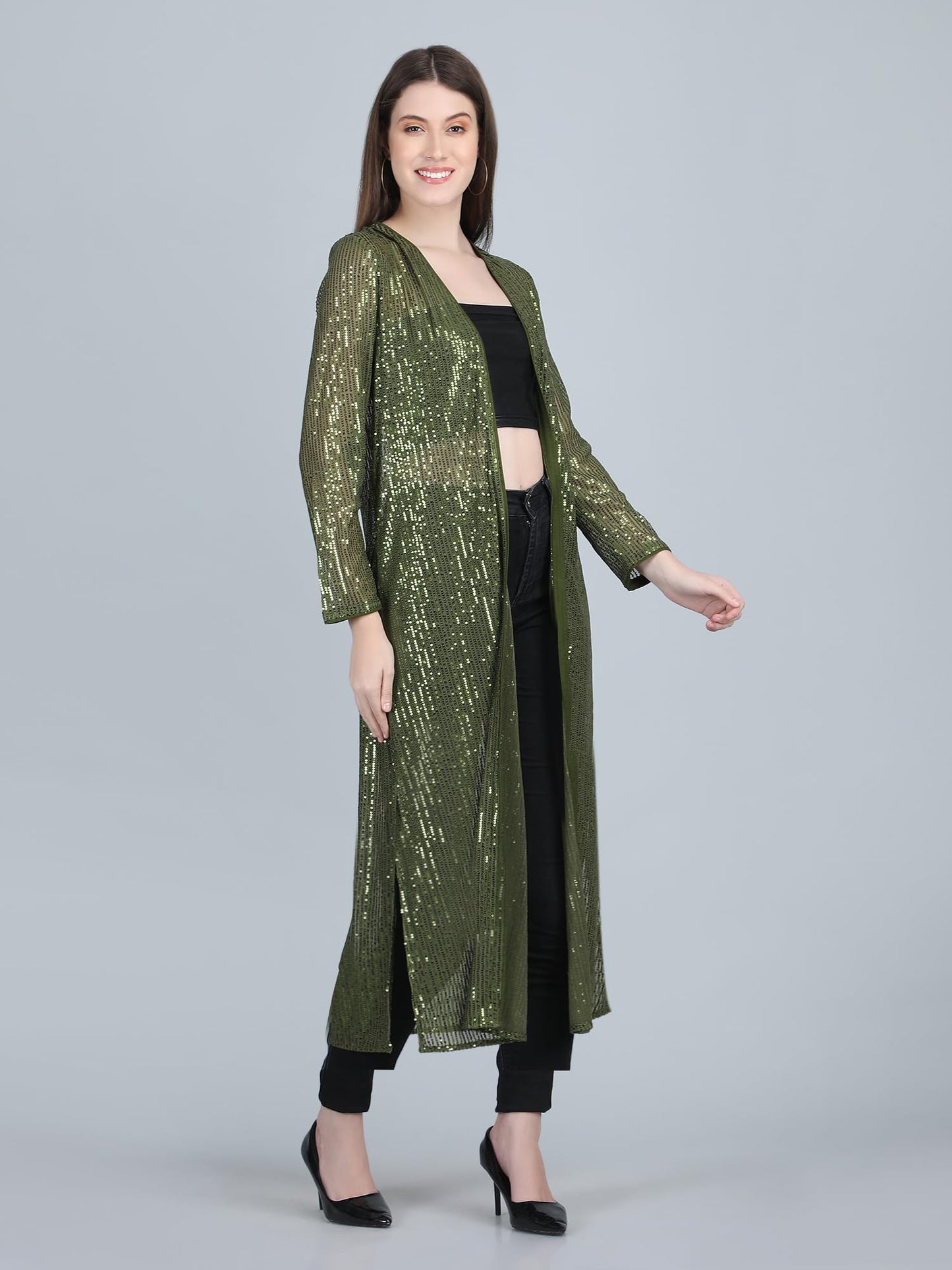 AOL Women's Long Power Net Open Neck Sequinned Shrug(Olive Green, Free Size)