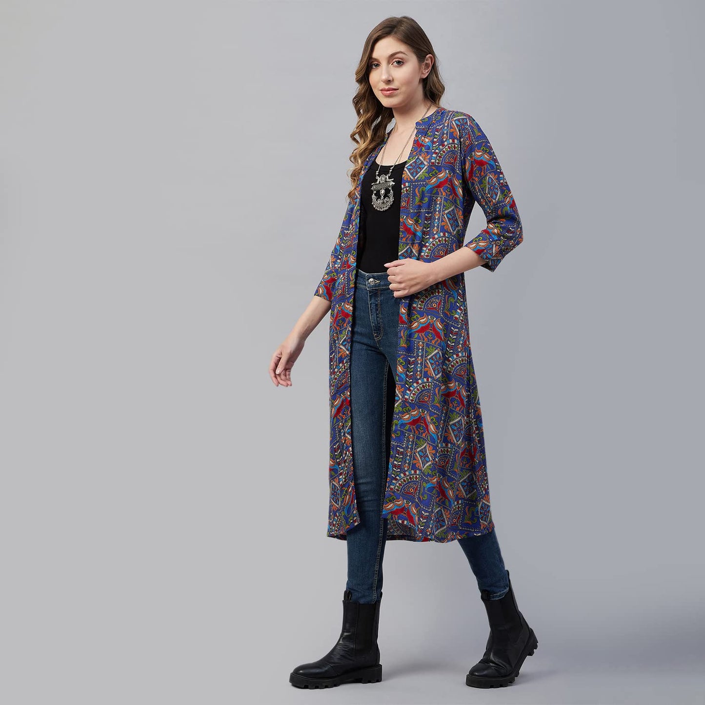 Azira Rayon Front Open Longline Printed Shrug For Women And Girl Red