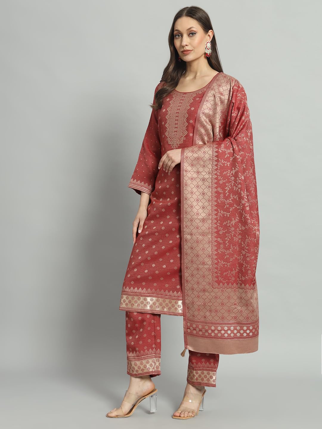 AFSA Women's Acro Wool Woven Unstitched Suit and Dupatta(ZURANI-5-Maroon)