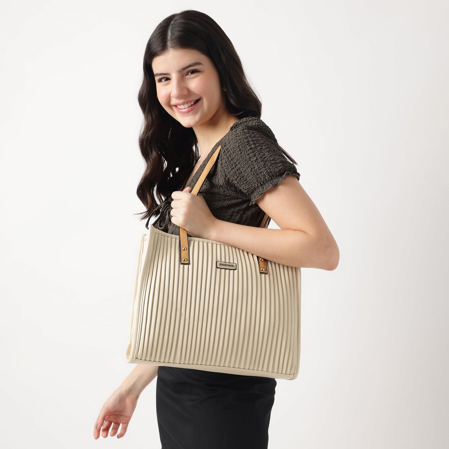 Fastrack Dorsa Tote Bag with Long Shoulder Straps and Top Zip Closure | Fits Upto 13" Laptop Bags | Stylish Vertical Stripe Tote for Everyday Use