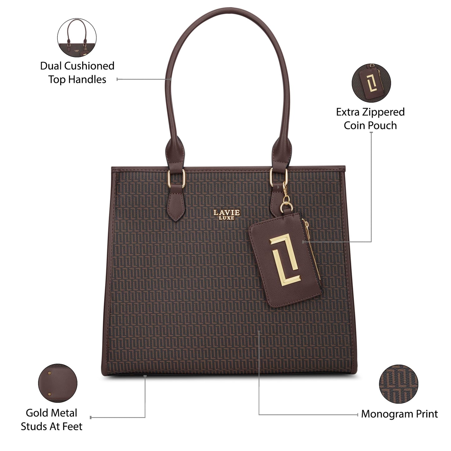 Lavie Luxe Women's Monogram Quad25 Pro Tote Laptop Bag | Fits Upto 14 Inch Laptop | Tote Laptop Bag for Work | Ladies Purse | Stylish Shoulder Bag | Gift for Women