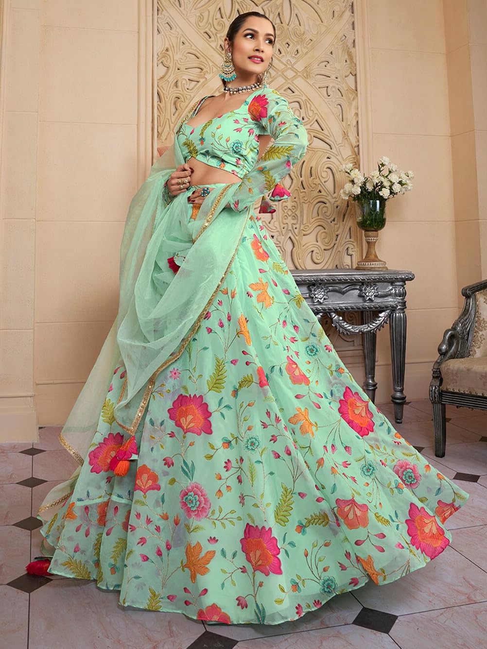 Zeel Clothing Women's Print And Dori Embroidered Organza Designer Readymade Lehenga Choli With Dupatta (7074-Pista-Womens-Lehenga-Choli-Latest; Free Size) (Pista)