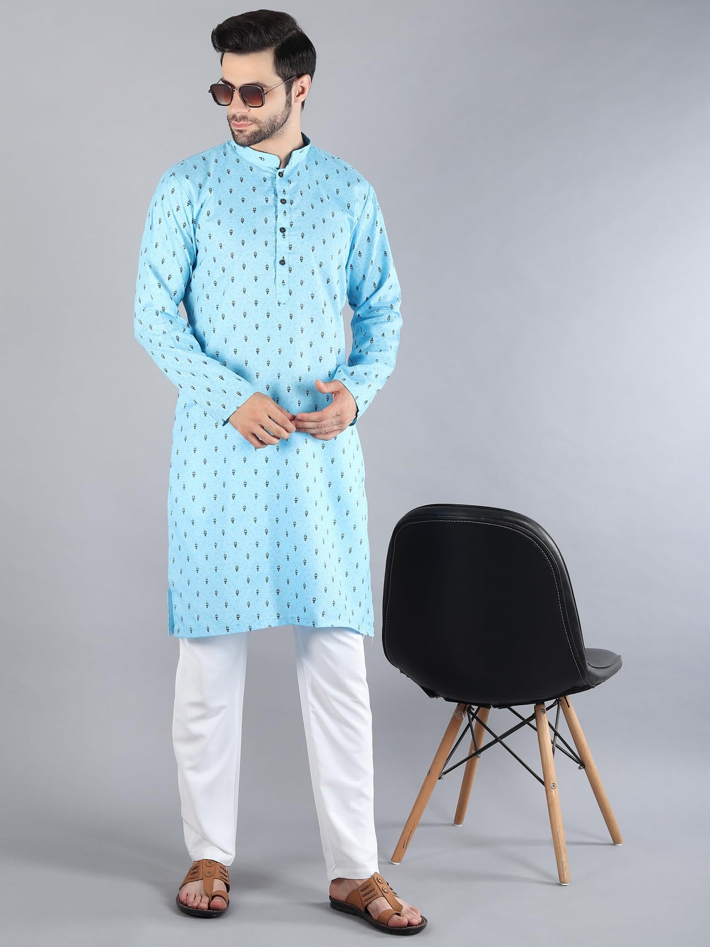 Uri and MacKenzie Mens Cotton Woven Casual Kurta Pajama set (46, Sky Blue Kurta & White Pant)