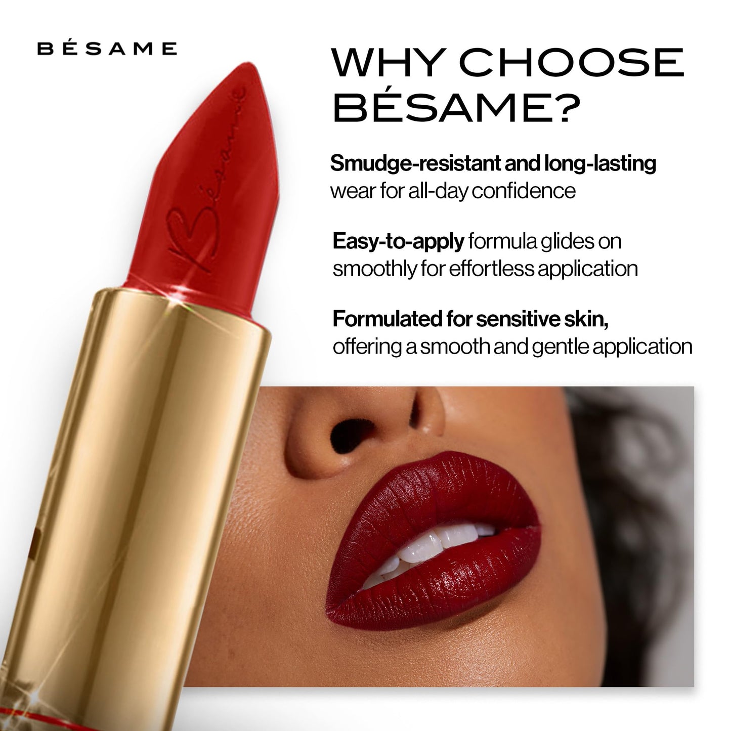 Bésame Cosmetics: Classic Color Lipstick - Vitamin-Enriched, Long-Wearing Satin Finish - Triple Pigmented - Feather Proof - Formulated for Sensitive Skin - Made in the USA
