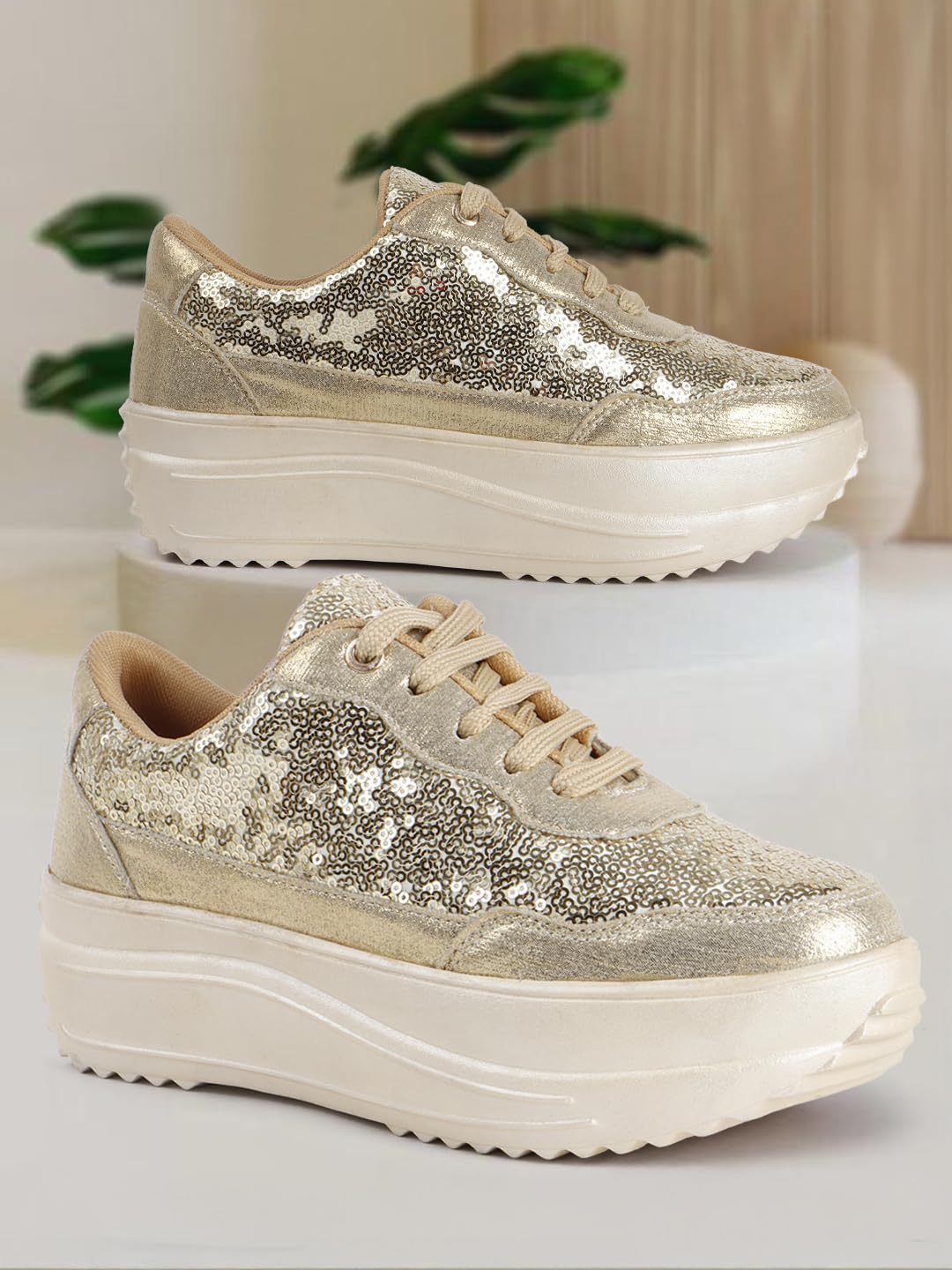 Vendoz Women Casual High Heel Sneakers I Cushioned Insole I All Day Comfortable I Lightweight and Stylish Shoes for Girls CNV4026GL-36 Gold