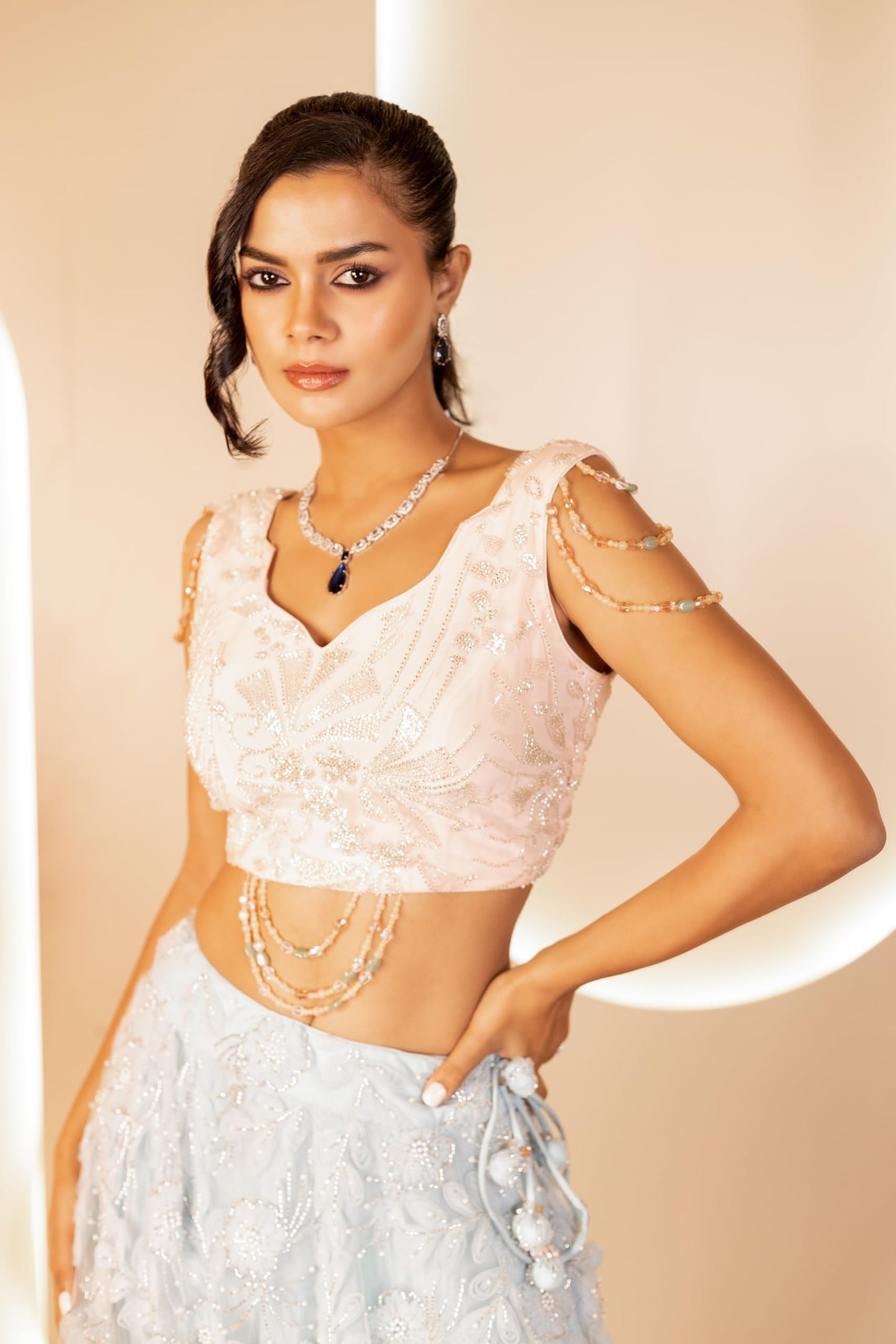 The Behruz Theory Mint & Peach 3D Embroidered Ensemble Lehenga | Net Fabric Lehenga | Party wear dress for women | Perfect for your special occasions | Traditional and stylish Lehenga set for women