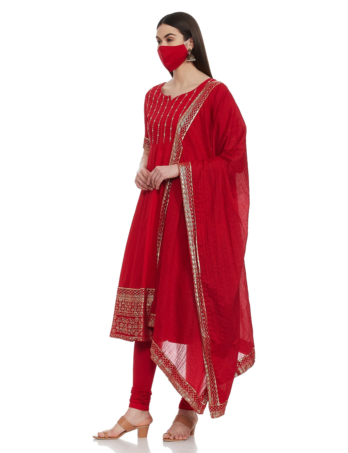 BIBA WOMEN EMBROIDERY FITTED SALWAR KURTA DUPATTA(SKD7459E_RED_36)