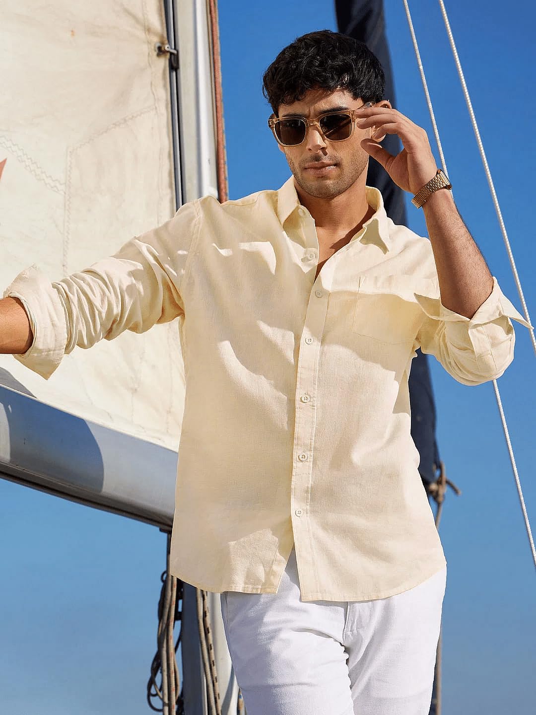 The Souled Store Cotton Linen: Off-White Men and Boys Collared Neck Long Sleeve Regular Fit Cotton Linen Shirts Solid Shirts Casual Button-Down Full Sleeve Casual Workwear Fashionable Stylish