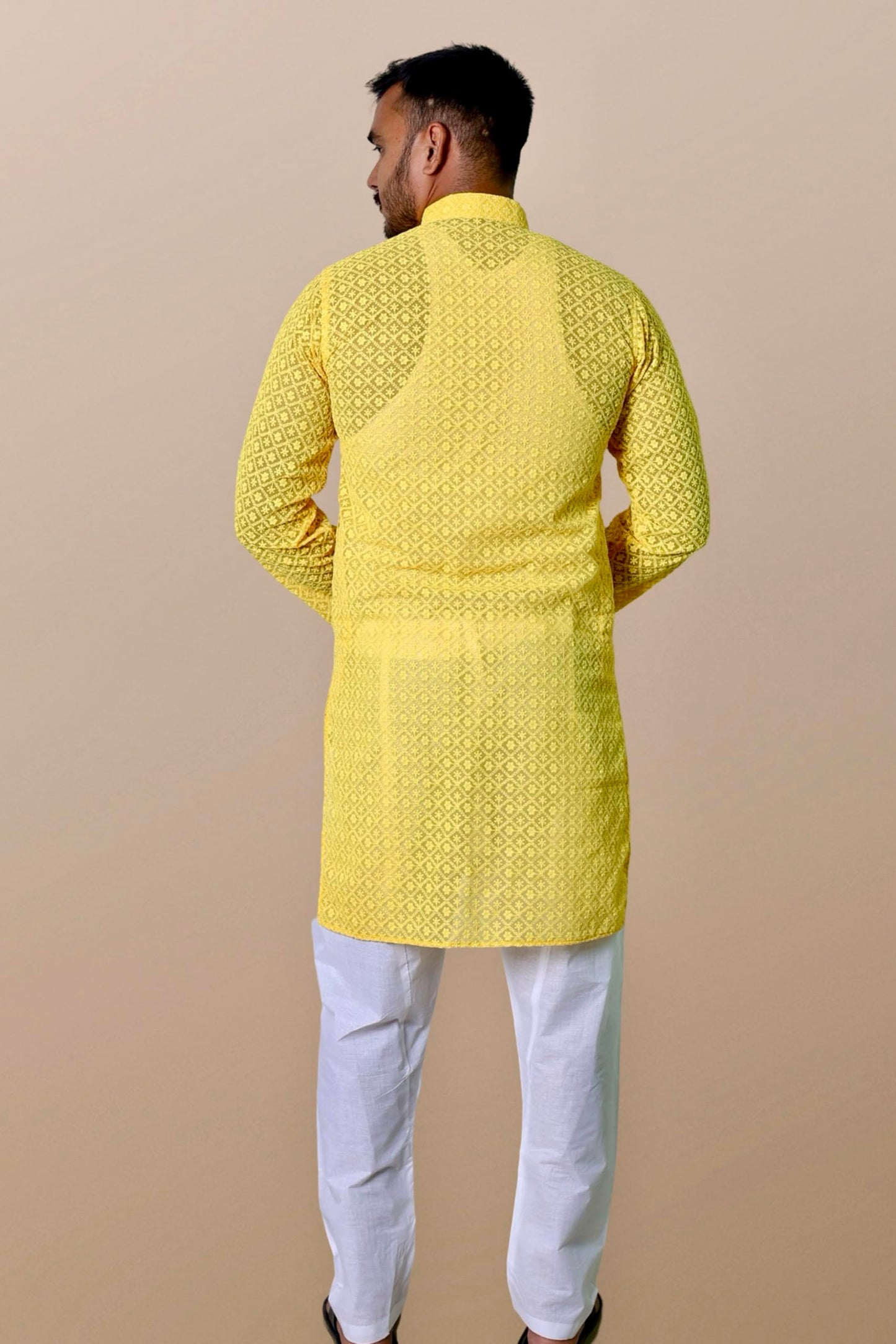 KASANI Men's Chikan Embroidery Kurta Georgette Long, Mandarin Collar, Full Sleeves, Knee-Length, Ethnic Wear Kurta for Men Dark Yellow