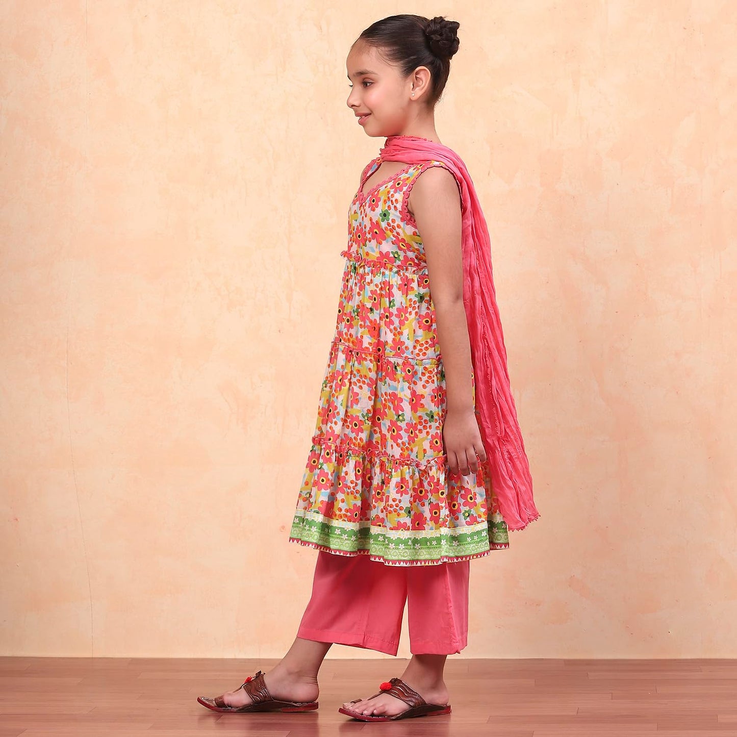BIBA Girls Coral Tiered Cotton Printed Kurta suit set