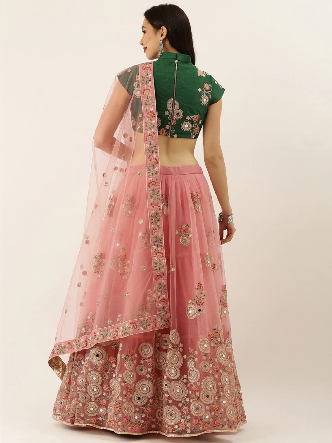 Divine International Trading Co Women's Net Embroidered Semi-Stitched Lehenga Choli with Dupatta (Peach-Wedding-Girlish-Latest-Lehenga; Free Size;7315)