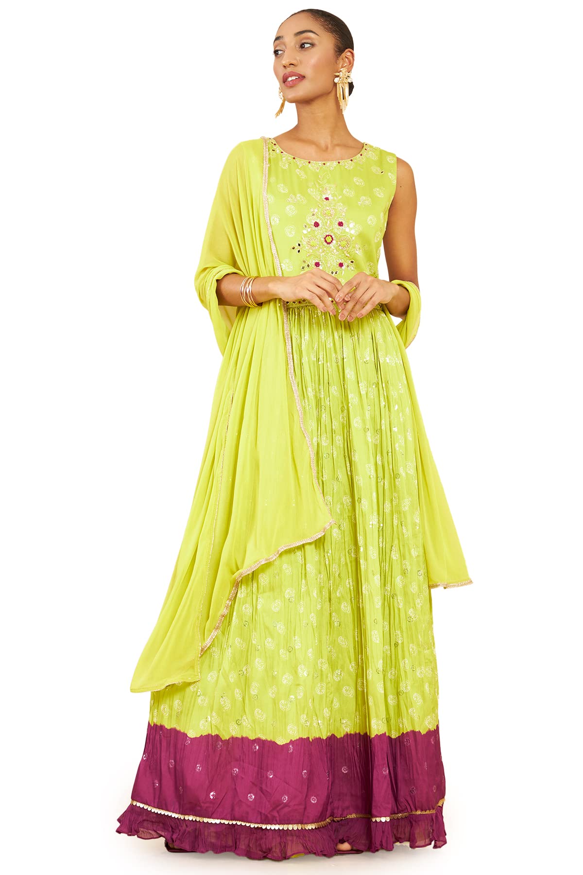 Soch Women Green Art Silk Abstract Print Gown